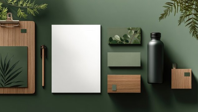 Flat lay of stationery and branding mockups, featuring muted greens and wood tones