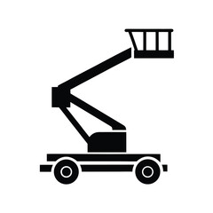 Simple black icon of a boom lift or aerial work platform on a white background cherry picker scissor lift