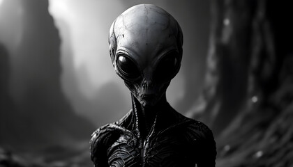 Mysterious alien figure with large eyes stands in a dark, atmospheric, otherworldly landscape