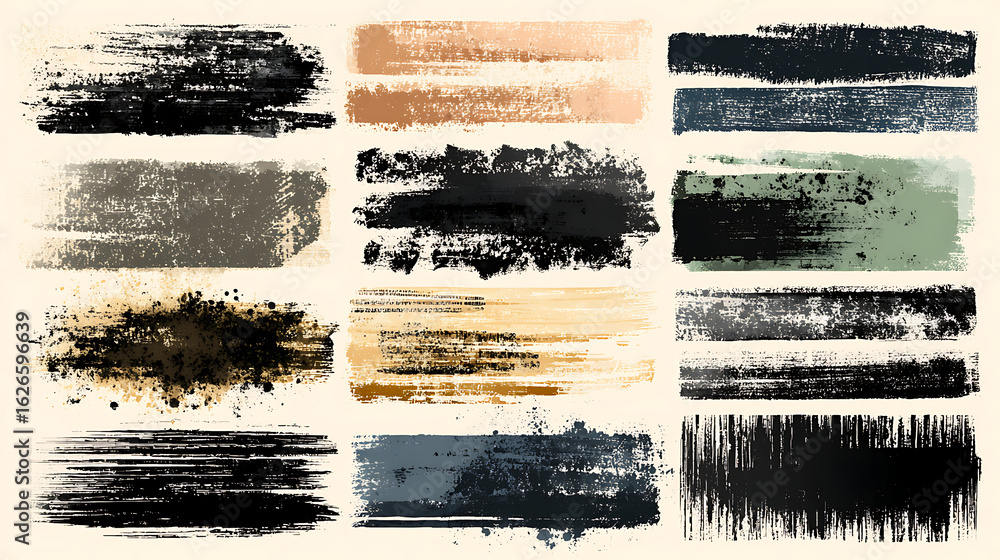 Poster brush strokes vector. set of burst, rectangle text boxes and painted lines. grunge design elements