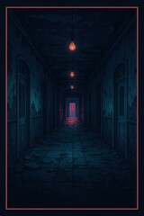 Obraz premium Halloween haunted hallway with flickering bulbs and cracked walls leading to a glowing mysterious door at the end of the corridor with an eerie and abandoned atmosphere