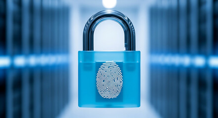 Cybersecurity concept with a fingerprint padlock securing a data center server room.