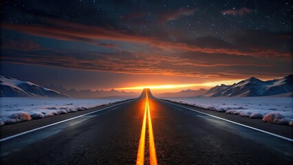 Endless asphalt road with glowing orange dividing line towards horizon white