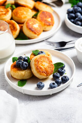 Appetizing cheesecakes with sauce and blueberries on a light background