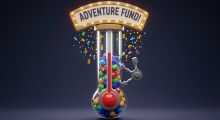 The Savings Goal Thermometer. A giant tube with colorful spheres, a red indicator, and a robotic arm, tracking an "Adventure Fund" goal.