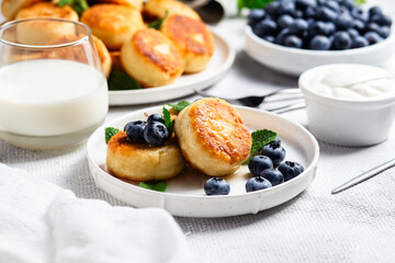 Appetizing cheesecakes with sauce and blueberries on a light background
