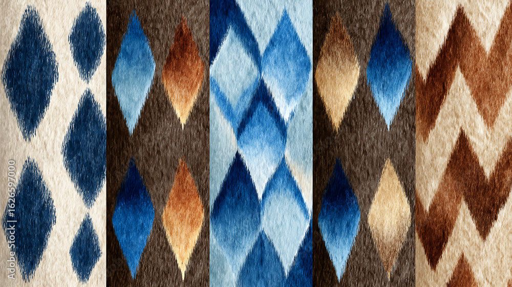 Poster argyle patterns from brush strokes. set of vector diamond backgrounds. seamless irregular ornaments.