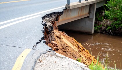 Obraz premium Road Collapsed Near Bridge Due to Erosion or Landslide Damage