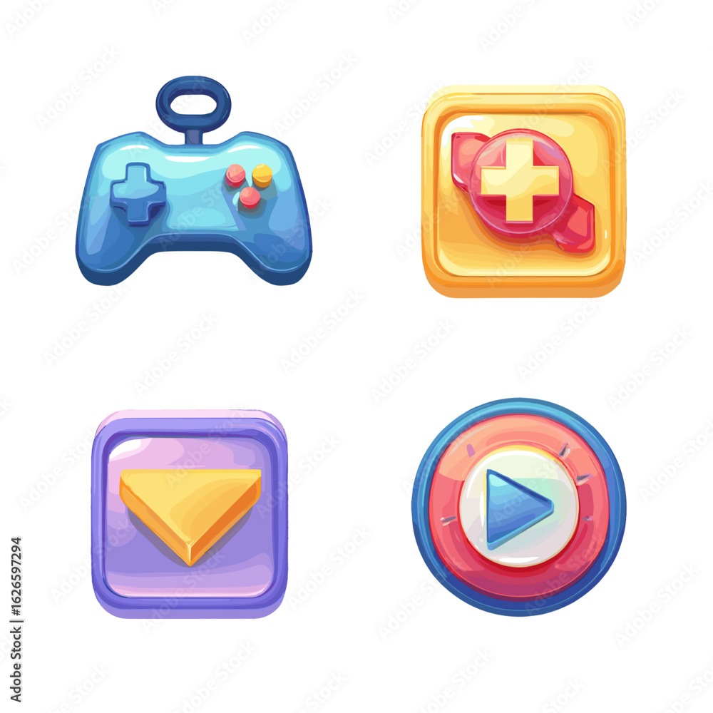 Poster set of colorful game icons representing diverse game elements.