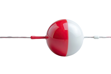 Fishing bobber, red and white halves,  attached to line