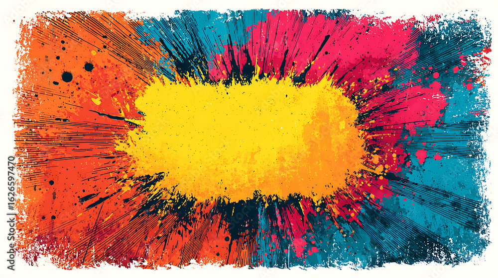 Poster burst brush strokes. exploding paint texture backgrounds. grunge text boxes with rays. painted round