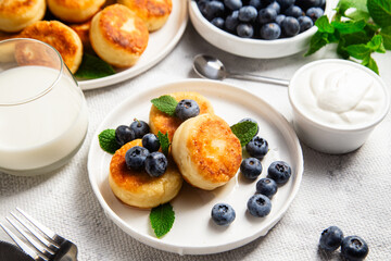 Appetizing cheesecakes with sauce and blueberries on a light background