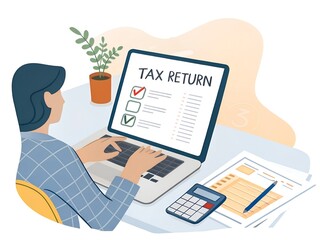 A person is preparing their tax return online at a desk, using a laptop, calculator, and financial documents for digital submission.
