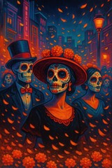 Obraz premium Halloween style illustration of Day of the Dead parade featuring glowing skull masks, traditional costumes, and marigold petals under streetlights in a festive urban setting