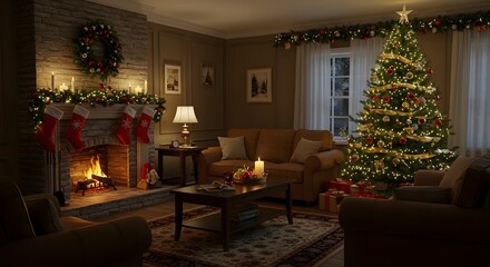 A warmly lit living room decorated for Christmas with a decorated tree, fireplace with stockings, and presents. A cozy and festive atmosphere fills the space.