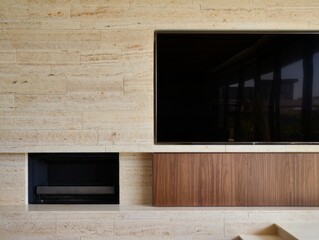 Modern Living Room Entertainment Center With Travertine Stone Walls and Wood Cabinetry