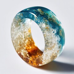 Resin ring showcasing a vibrant ocean-inspired design.  A round band of resin features a gradient of turquoise and amber tones, 