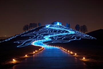 Nighttime landscape, illuminated path winding uphill