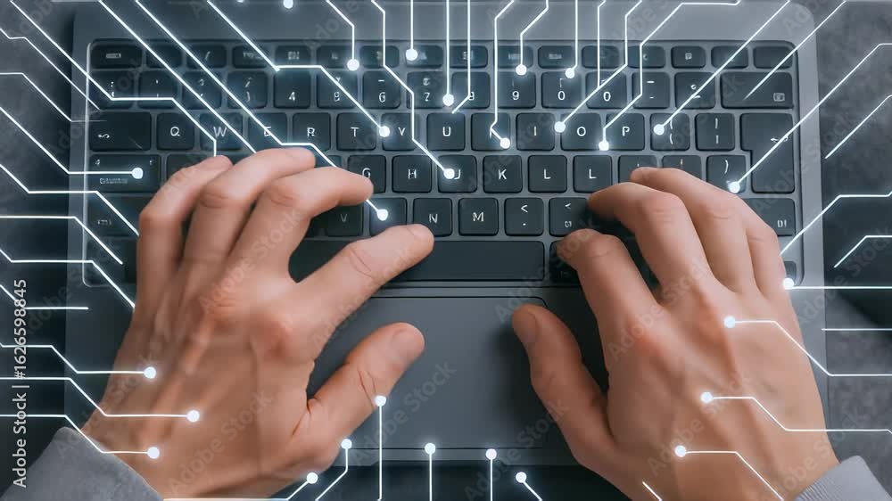 Aufkleber closeup overhead shot of hands typing on a keyboard surrounded by a digital circuit design