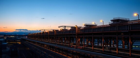 Nightfall illuminates steel structures, digital network data streams flow across the scene, binary code, design