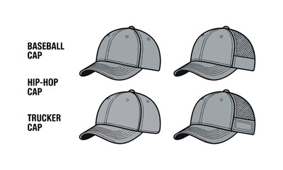 Scalable modern vector illustration showcasing three types of caps  Baseball Cap, Hip-Hop Cap, and Trucker Cap — in a multi-angle format, easily editable.