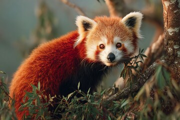 A red panda perched in a tree surrounded by green leaves looking directly at the camera with bright eyes
