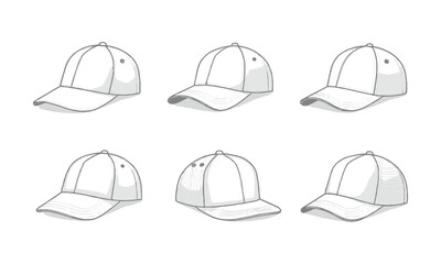 Scalable modern vector illustration showcasing three types of caps  Baseball Cap, Hip-Hop Cap, and Trucker Cap — in a multi-angle format, easily editable.