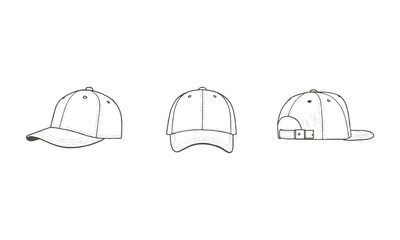 Scalable modern vector illustration showcasing three types of caps  Baseball Cap, Hip-Hop Cap, and Trucker Cap — in a multi-angle format, easily editable.