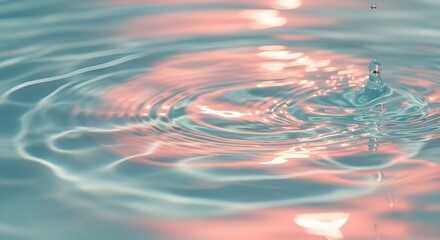 Water drop creating ripples on blue surface with pink reflection