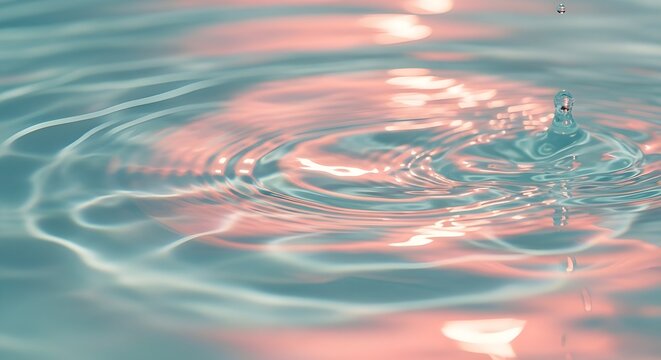 Water drop creating ripples on blue surface with pink reflection - Powered by Adobe