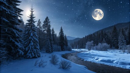 Moonlit night over snow-covered conifer trees and river winter landscape serene nature viewpoint