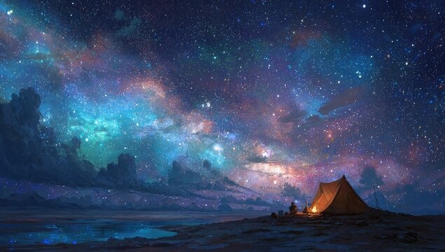 Vast night sky, starry expanse, campsite