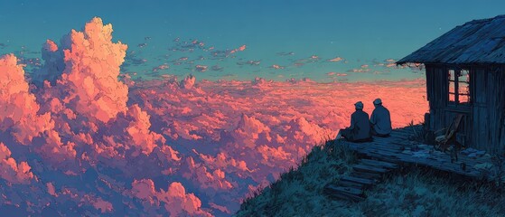 Couple enjoying sunset view from mountain cabin