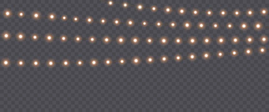 Gold Christmas garland on transparent background, new year light effect elements for banner, poster, flyer and xmas card. Horizontal yellow wires shining, led strips png, vector illustration.