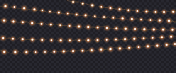 Gold Christmas garland on transparent background, new year light effect elements for banner, poster, flyer and xmas card. Horizontal yellow wires shining, led strips png, vector illustration. © viktoria_ngm