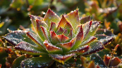 Beautiful Succulent Covered in Dew at Sunrise