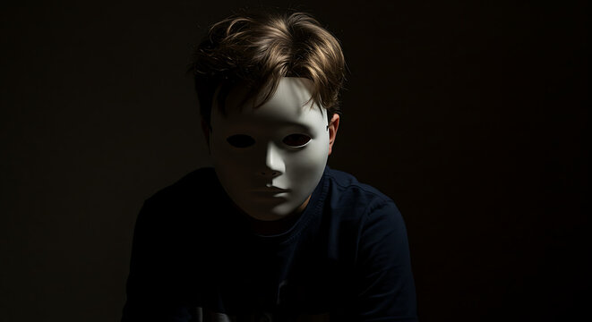 Anonymous Identity A Child's Mysterious Gaze Behind a Blank White Mask in Dramatic Lighting