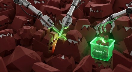 Trimming the Budget with robotic arms laser-cutting jagged red obstacles, collecting pieces into a glowing green savings container, symbolizing financial reduction.