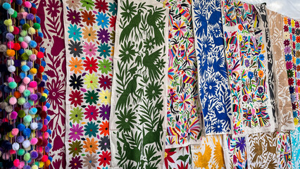 Colorful Mexican Otomi Embroidery Textiles Display