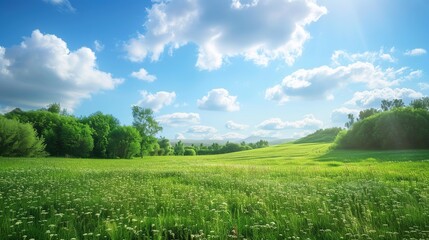 Obraz premium Vibrant Blooms of Celebration: New Year Decorations Brighten Summer Grassland Scenery in Lively Images Under the clear blue summer sky, the grassland bursts with lush greenery and wildflowers, while c