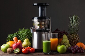 Electric juicer with fresh fruits and vegetable juice glasses
