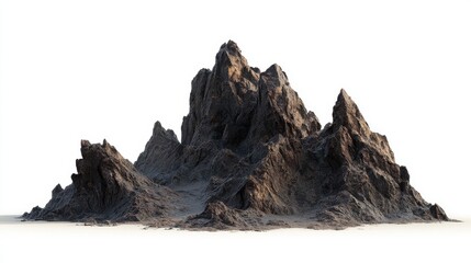 Jagged dark volcanic rock formations rise dramatically against a stark white background in this isolated landscape element