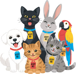 Obraz na płótnie Canvas A diverse group of happy cartoon pets for adoption including cats a dog a rabbit and a parrot all wearing Adopt Me tags.