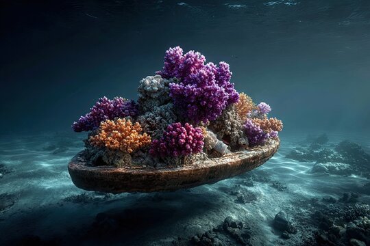 Underwater coral cluster atop a floating,  brown object