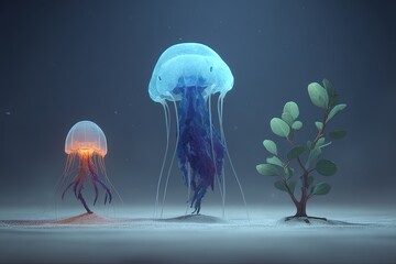 Three bioluminescent jellyfish and a plant on a sandy plain