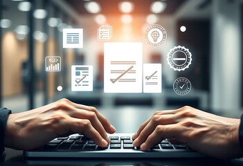 Hands typing on a keyboard with digital interface and business icons floating above representing data analysis and technology