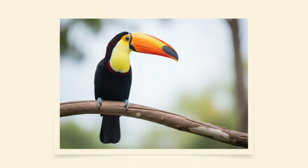 Obraz premium A beautiful Toco toucan perched on a tree branch, showcasing its vibrant orange beak and yellow chest in a natural habitat.