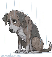 Cartoon illustration of a lonely sad stray dog with wet fur sitting in a puddle during a downpour.