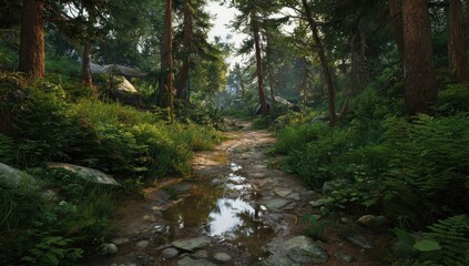 Obraz premium Sunlit forest path, wet stones, lush greenery