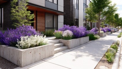Obraz premium Modern townhomes with landscaped walkway. Purple lavender and white flowers in planters along a sidewalk leading to contemporary homes